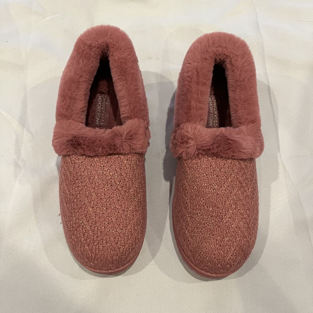 Skechers Cozy Lite Sparkle Knit Shoes Womens Size 9 Mauve Slippers Memory Foam